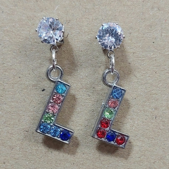 Initial Letter Multicolored Rhinestone Silver Tone Dangle Earrings - Picture 1 of 1